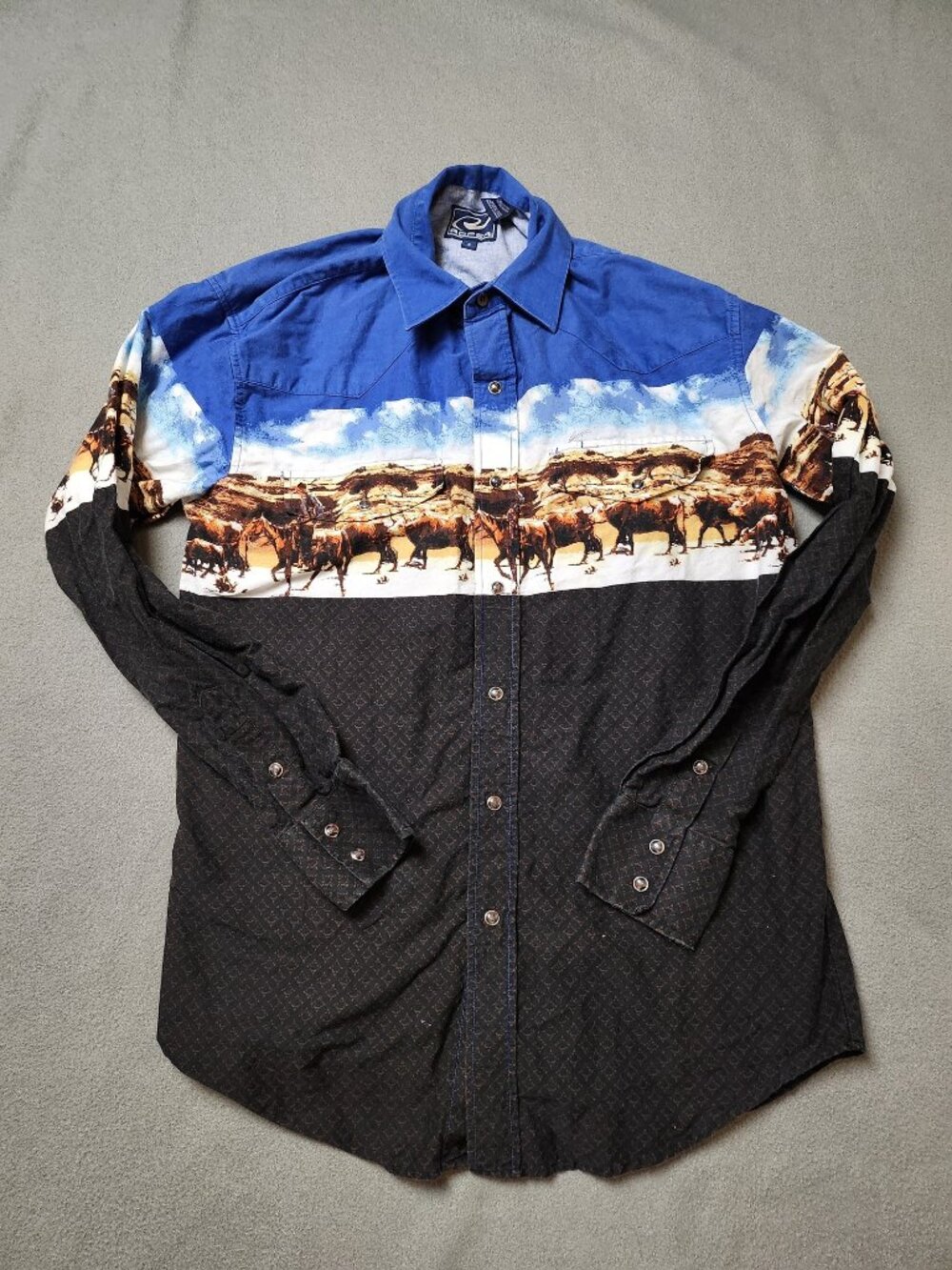 Roper Western Pearl Snap Shirt Cowboy Cattle Drive Print Blue Black Men's S